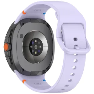 Detailed view of smartwatch silicone replacement band in light purple, showing buckle and back.
