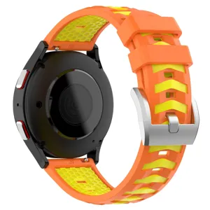 Silicone replacement watch strap with vibrant orange and yellow texture, 20mm width detail.