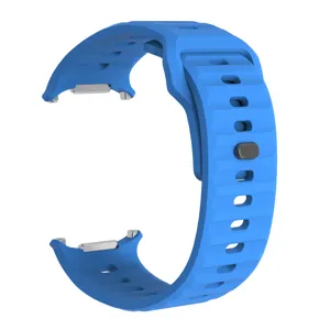 Blue silicone watch strap detail view, flexible wave design with metal buckle connectors.