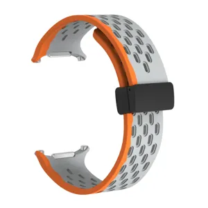 Silicone magnetic watch strap detail, breathable perforated design, dual-tone orange grey band.