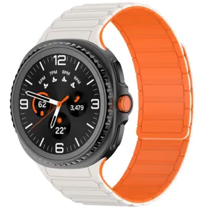Magnetic silicone watch band replacement strap compatible with smartwatches, white and orange.