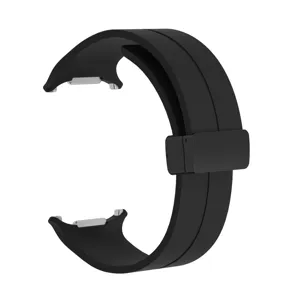 Silicone magnetic watch strap detail, black flexible band with durable metal connector.
