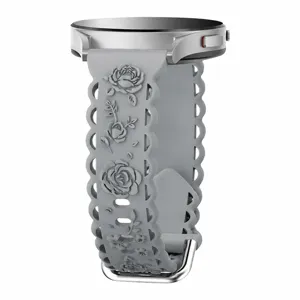 20mm silicone watch strap with embossed roses and hollow cutout design, grey replacement band.