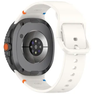 Replacement silicone watch band for Samsung Galaxy watch, white sports strap with secure buckle.