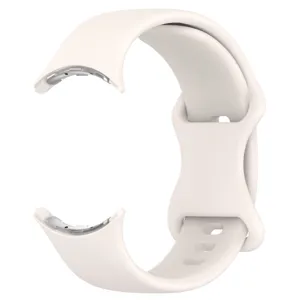 Detail view of the beige silicone replacement watch band with unique loop design.