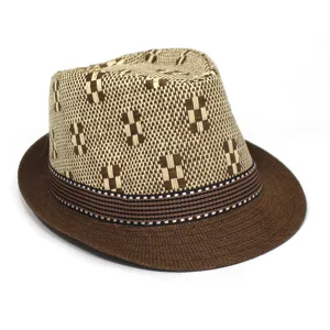 Mens summer straw fedora hat detail, woven geometric pattern sun protection beach casual hat.