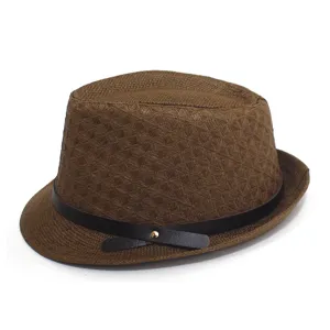 Woven straw fedora hat for summer sun protection, stylish brown jazz hat with leather band.