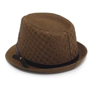 Brown woven paper straw fedora hat detail, stylish summer sun protection beach hat for adults.
