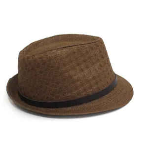 Unisex brown paper straw jazz hat with leather band, vintage sun protection fedora hat.