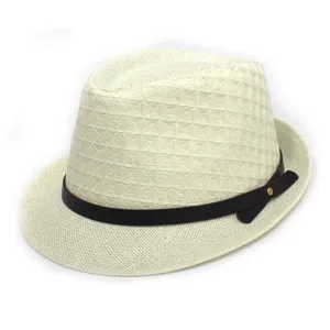 Detail shot of the woven straw fedora hat, featuring a brown leather strap and metal rivet.