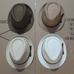 Unisex paper straw fedora hat summer sun protection beach hat casual woven top hat detail view