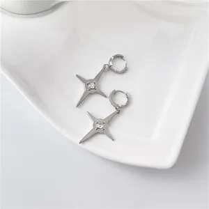 Silver four-pointed star crystal hoop earrings detailed close-up shot showing sparkling zircon design.