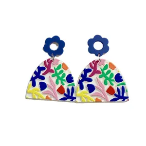 Acryl abstrakte geometrische Ohrringe mit blauer Blume und bunten Kunstmustern für Damen