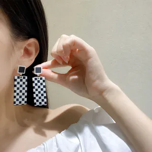 Black and white checkerboard geometric drop earrings, retro style fashion jewelry for women