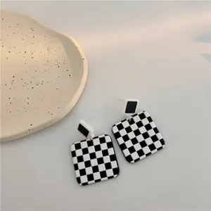 Chic black and white checkerboard square earrings, vintage geometric drop earrings.