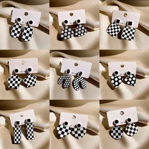 Black And White Checkerboard Geometric Acrylic Stud Earrings With 925 Sterling Silver Post Retro Fashion Jewelry Gift