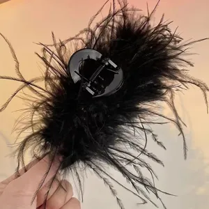 Black ostrich feather hair claw clip, fluffy shark clip for women back hair styling accessories.