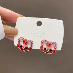 Cute red tiger stud earrings with sparkling rhinestones, S925 silver post zodiac design.