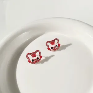 Cute red tiger rhinestone stud earrings detail, S925 silver needle, festive zodiac jewelry.
