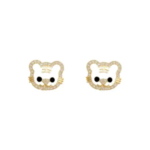 Close-up detail of cute hollow rhinestone tiger stud earrings with sparkling crystals.