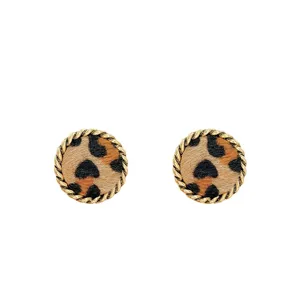 Retro leopard print stud earrings with twisted gold metal rim chic autumn winter jewelry for women