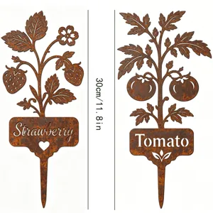 Vintage rusty metal garden plant stakes set with strawberry and tomato markers 30cm