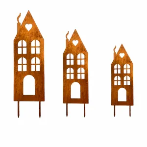 Metal house silhouette garden stakes set with rusty finish, outdoor lawn yard decor size chart.