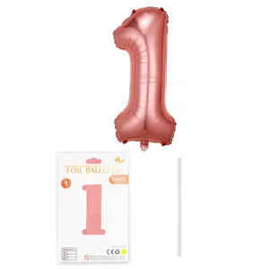Ballon en aluminium chiffre 1 or rose avec carte d'emballage et paille pour anniversaire.