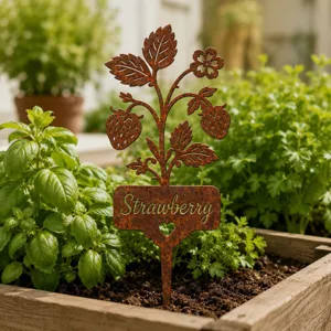 Vintage rusted metal strawberry garden stake plant marker outdoor garden decor ornament flower pot.