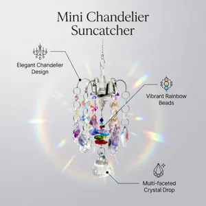 Mini chandelier suncatcher with multi-faceted crystal drops and vibrant rainbow beads.
