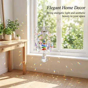 Crystal suncatcher hanging ornament reflecting colorful light rainbows in room decor detail.