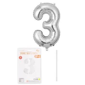 Ballon aluminium chiffre 3 argenté avec carte d'emballage et paille pour fête d'anniversaire.