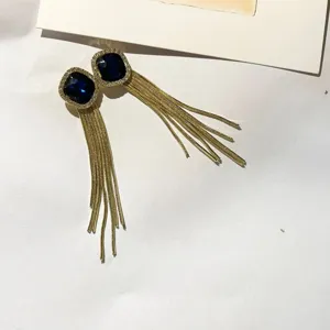 Boucles d'oreilles longues à franges et strass avec cristal carré bleu profond, bijoux tendance.