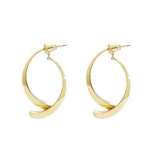 Detailed closeup of elegant gold geometric curved metal back hanging earrings for women.