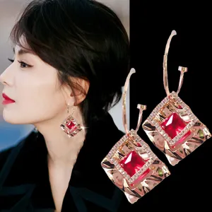 Elegant red crystal geometric square earrings with sparkling rhinestones for women, chic.