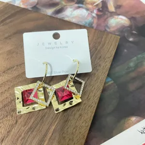 Korean style red crystal geometric square earrings for women, trendy gold plated rhinestone jewelry.