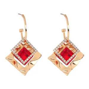 Gold tone red crystal geometric square earrings with sparkling rhinestone pave for women trendy