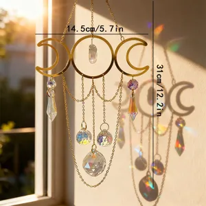 Gold Triple Moon Suncatcher Window Hanging Crystal Prism Rainbow Maker Garden Decor