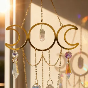 Gold triple moon sun catcher crystal wind chime window hanging home garden decor