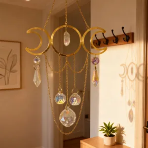 Triple Moon Crystal Suncatcher Hanging Wind Chime Window Prism Ornament for Home Decor