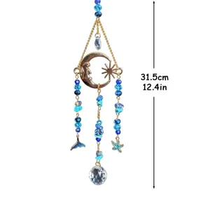 Crystal suncatcher blue crystal moon star hanging pendant room decor rainbow maker 31.5cm