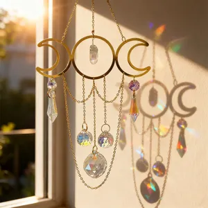 Crystal Sun Catcher Wind Chime Triple Moon Hanging Pendant Natural Stone Metal Golden Window Garden Decor