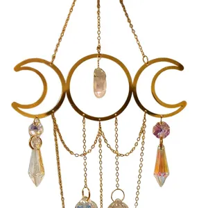 Gold triple moon sun catcher crystal prism wind chime detail hanging garden decor pendant