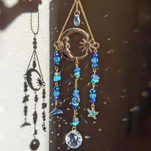 Crystal Suncatcher Hanging Pendant Dream Catcher With Moon Starfish Blue Beads Crystal Ball For Home Room Window Decor