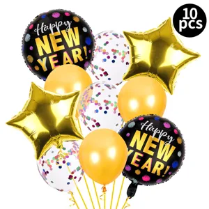 Detailansicht des 10-teiligen Neujahrs-Ballonset mit Folienballons und Konfettis.
