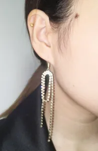 S925 silver needle rhinestone long tassel earrings, geometric sparkling drop earrings for women.