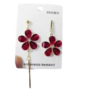 Asymmetric red flower tassel earrings with S925 silver needle for women trendy jewelry