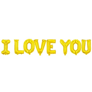 Set de ballons en aluminium lettres dorées 16 pouces I Love You pour déco de Saint-Valentin.
