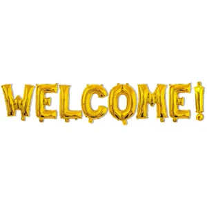 Goldfolien Buchstaben Ballons Detailansicht, glänzende welcome Deko für Party und Schule.
