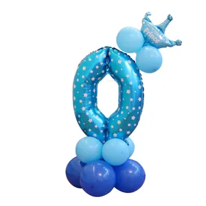 Ballon aluminium chiffre 0 bleu ensemble couronne pour fête anniversaire bébé décoration